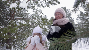 妈妈和女儿在冬季森林17秒视频
