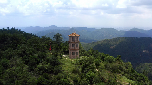 航拍山顶地标建筑视频