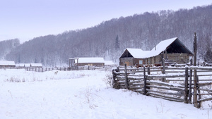 4k实拍东北冬季行走雪地木屋30秒视频