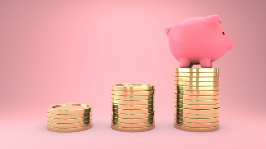 小猪银行正用粉红色背景的3D动画跳到金币上视频