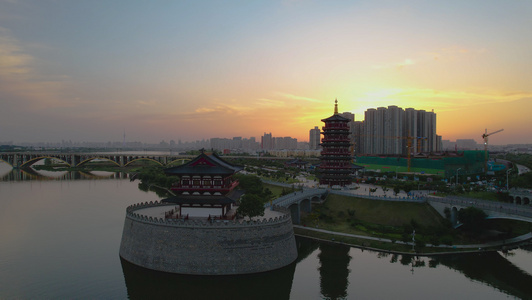 航拍洛阳八景之一日落下的朱樱塔视频[七景]视频