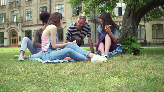 大学生朋友坐在草地上享受比萨饼视频