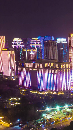 多角度延时航拍杭州城市CBD大楼夜景车流光轨合集商业楼18秒视频