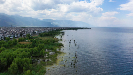 大理洱海边休闲旅游湿地小镇新农村航拍视频