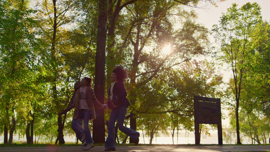 非洲裔美国父母牵着手一起走在绿色公园的人行道上视频