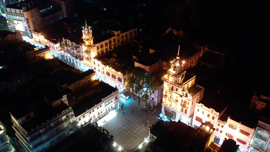 航拍广东中山孙文西路步行街骑楼街区夜景视频