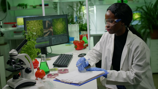 在生物技术实验室研究素食的科学家科研人员研究素食视频