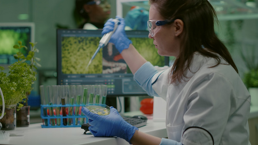 从微气管测试管中取出基因溶液的女科学家视频