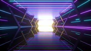 在黑暗的太空船隧道前行带发光线3D交接10秒视频