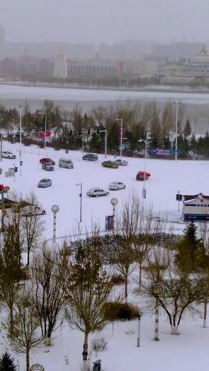 实拍降雪中的北方城市及缓慢行驶的车流65秒视频
