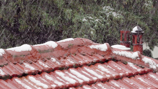 在陶瓷粘土上下雪房子的屋顶环绕着树木视频