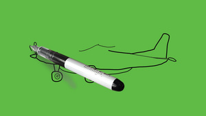 在抽象绿色背景下绘制黑色和蓝色组合的战斗机10秒视频