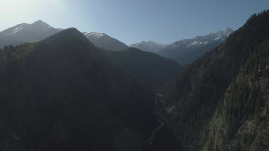 阳光明媚的早晨青山和雪山鸟瞰图无人机在峡谷上空侧向视频