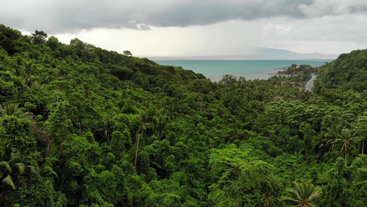 热带岛屿上空的阴天泰国雨季灰色多云的天空苏梅岛的绿色视频
