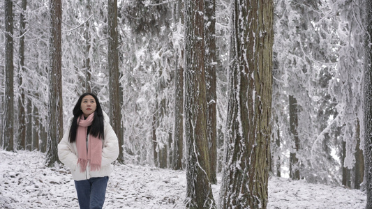 4K美女在雪地树林里行走[漂亮妹妹]视频