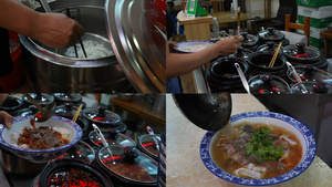 湖南凤凰古城特色中式美食牛肉米线制作过程4k素材116秒视频