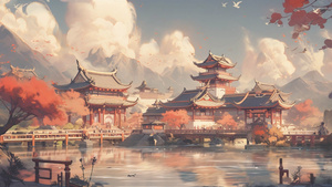 中国风湖面古建筑唯美卡通风景40秒视频