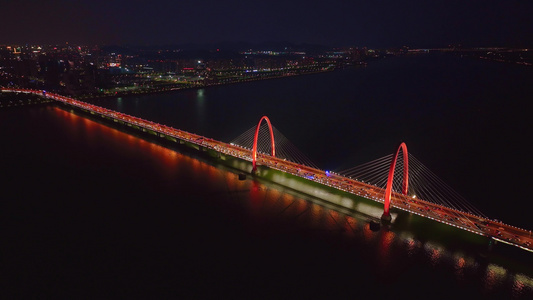 航拍杭州之江大桥 彩虹快速路 夜景视频