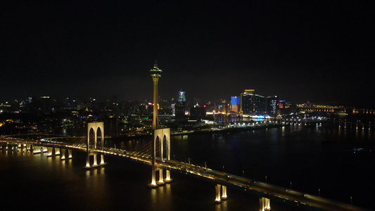 航拍澳门西海大桥澳门塔夜景视频