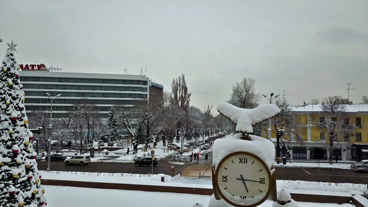 冬季城市和圣诞树在雪中视频