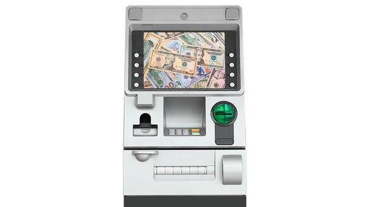 自动出纳机和屏幕显示的美元货币打扫视频