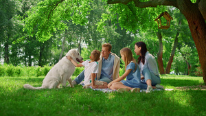 年轻的家庭在野餐时爱抚拉布拉多犬22秒视频