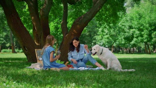 性格开朗的妈妈在野餐时喂养拉布拉多犬视频