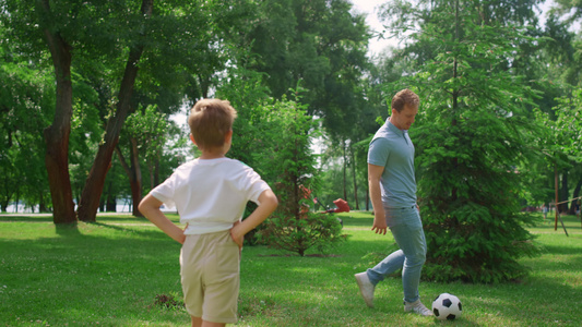 父亲和儿子在绿色草坪特写上踢足球视频