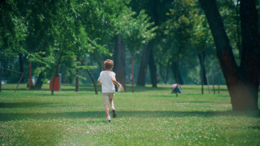 阳光明媚的日子里精力充沛的小男孩在郁郁葱葱的田野上奔跑视频