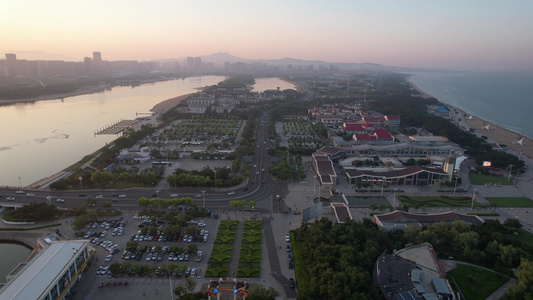 夕阳晚霞中的日照城市风光航拍 视频