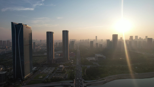 夕阳晚霞中的日照城市风光航拍 视频