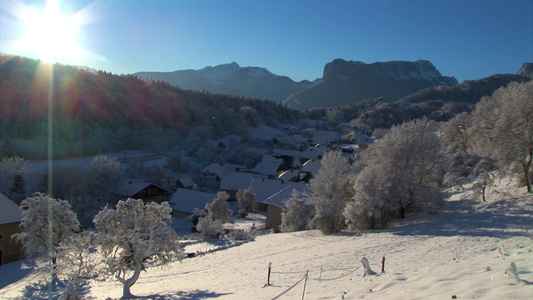 日落冬季山村景观冬雪村视频