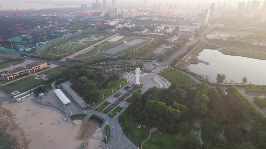 夕阳晚霞中的日照城市风光航拍 视频