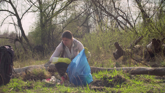 绿色志愿者在森林中垃圾收集工作视频