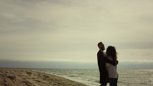 美丽的情侣在大自然中拥抱海滩视频