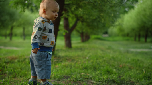 小孩在草坪上抬头看飞球视频