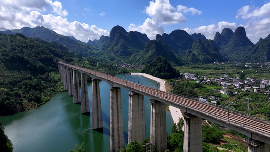 航拍广西桂林高铁线路 大好河山视频