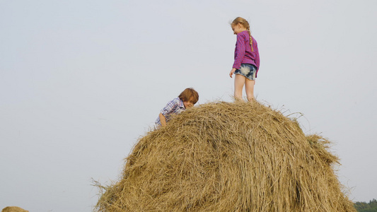 快乐的女孩站在农村收割场的干草堆上快乐的青少年女孩视频