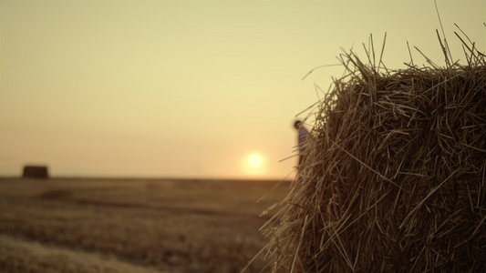 收获金色夕阳后农民在干草堆田间行走视频