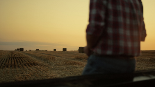 农民在日落时收割后看干草堆麦田视频