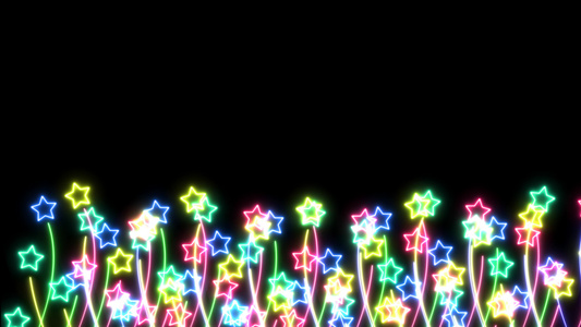 彩虹多彩的花朵大小花朵星星在黑屏上慢舞视频
