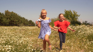 快乐的少女在夏季乡村的绿色田野上奔跑24秒视频