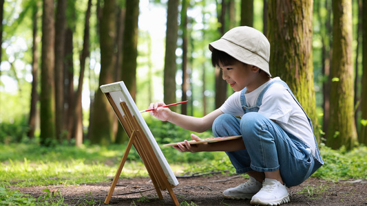 男孩在树林里画画[林子里]视频