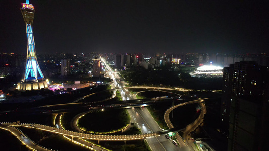 河南郑州城市夜景交通航拍视频
