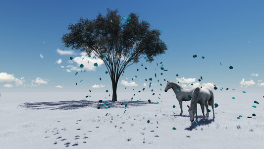 清晨草场的3D动画景晨光下在牧场放牧的马匹视频