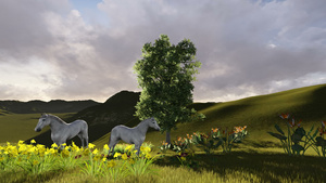 动画在牧场中放牧的马群21秒视频