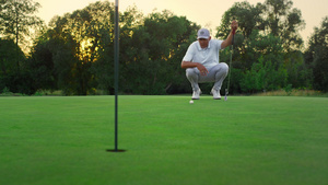 高尔夫球手在郁郁葱葱的草地上看球场20秒视频