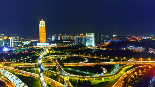 郑州金水立交桥和会展中心航拍夜景视频