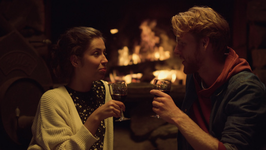 休息的情侣在舒适的壁炉旁喝酒视频