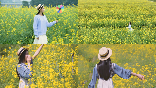 春季少女在油菜花田里游玩合集视频